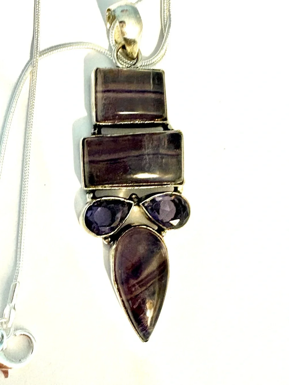 Beautiful, 2 1/2 inch, 925 marked Fluorite, and Amethyst pendant on silver chain